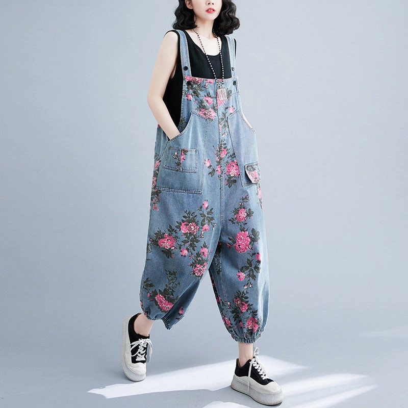 Ideal Fit Comfortable fit Women Spring Retro Denim Printed Floral Casual Jumpsuit