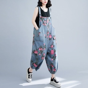 Women Spring Retro Denim Printed Floral Casual Jumpsuit Cozy Lining