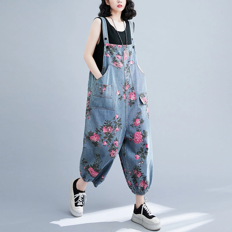 Abrasion Free Instant Dry Women Spring Retro Denim Printed Floral Casual Jumpsuit