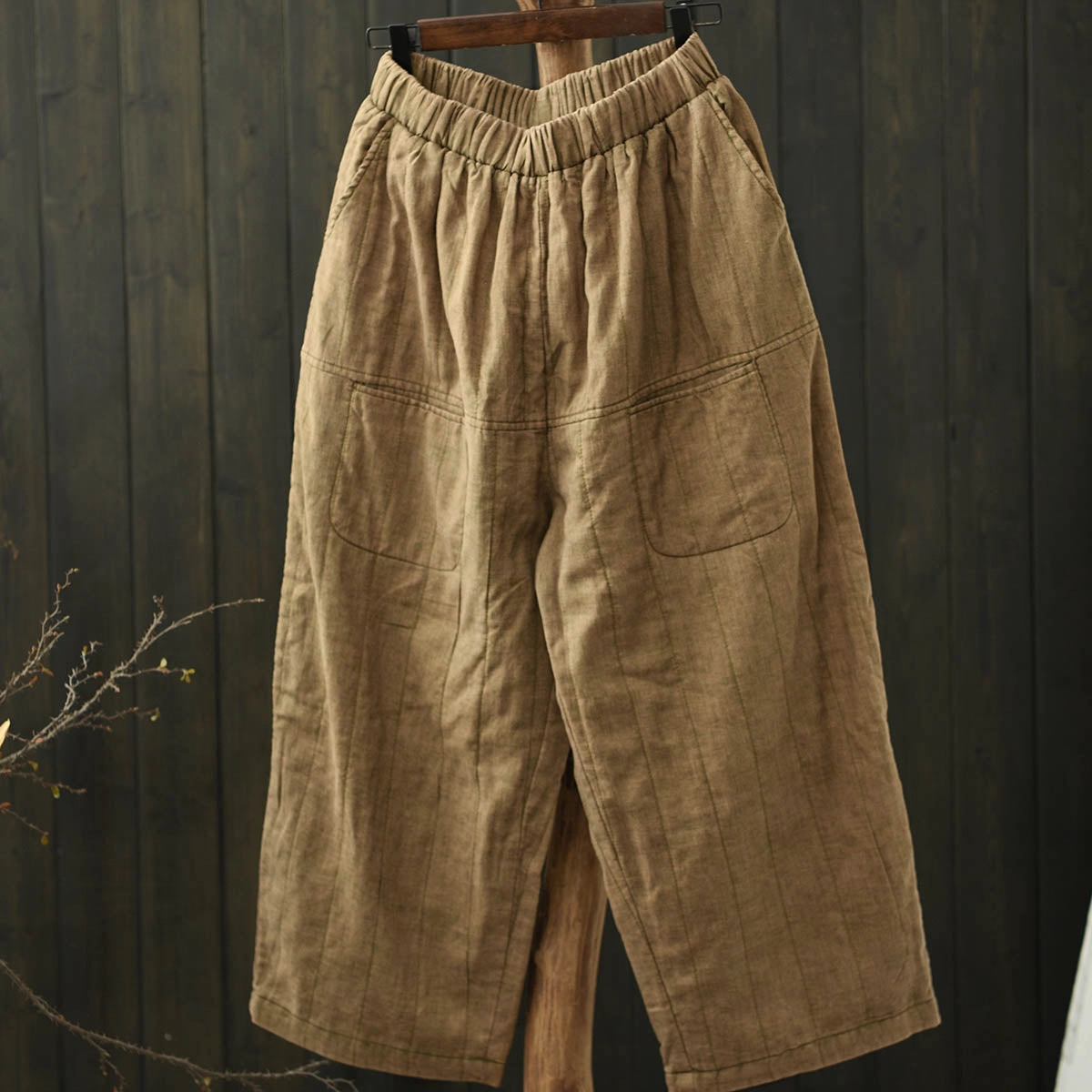 Women Winter Vintage Washed Linen Quilted Casual Pants Simple Care