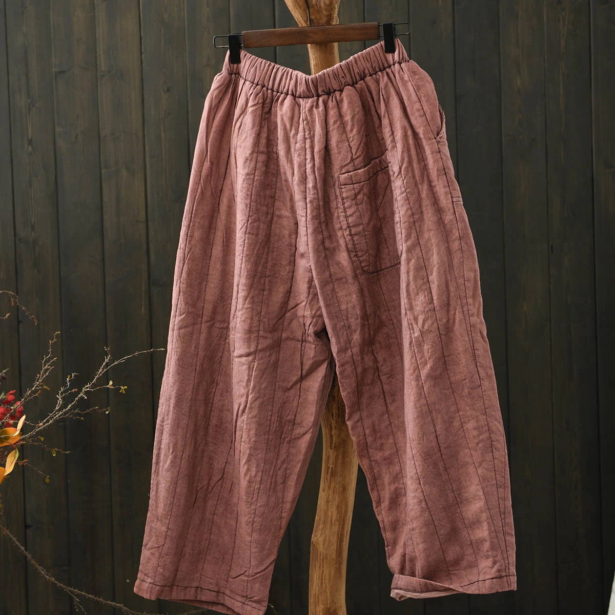 Women Winter Vintage Washed Linen Quilted Casual Pants Durable Seams