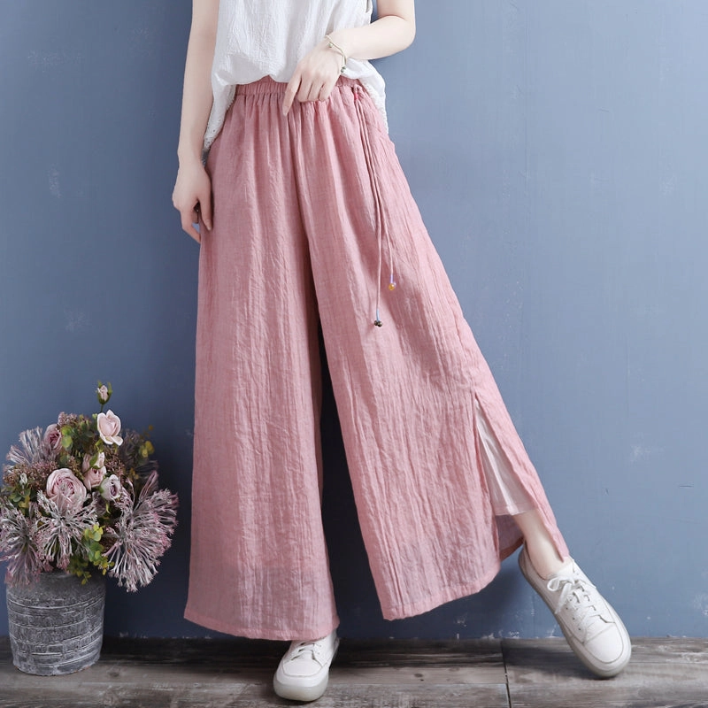 Summer Linen Loose Split Bottom Wide Leg Trousers Sweat Free