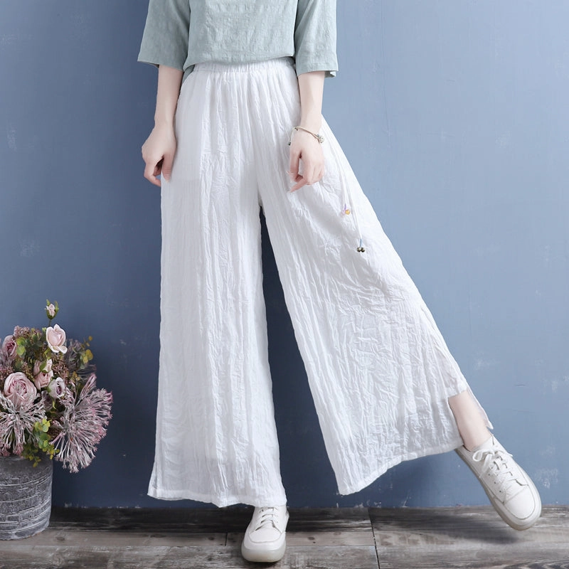 Comfortable Edge Smooth Texture Summer Linen Loose Split Bottom Wide Leg Trousers