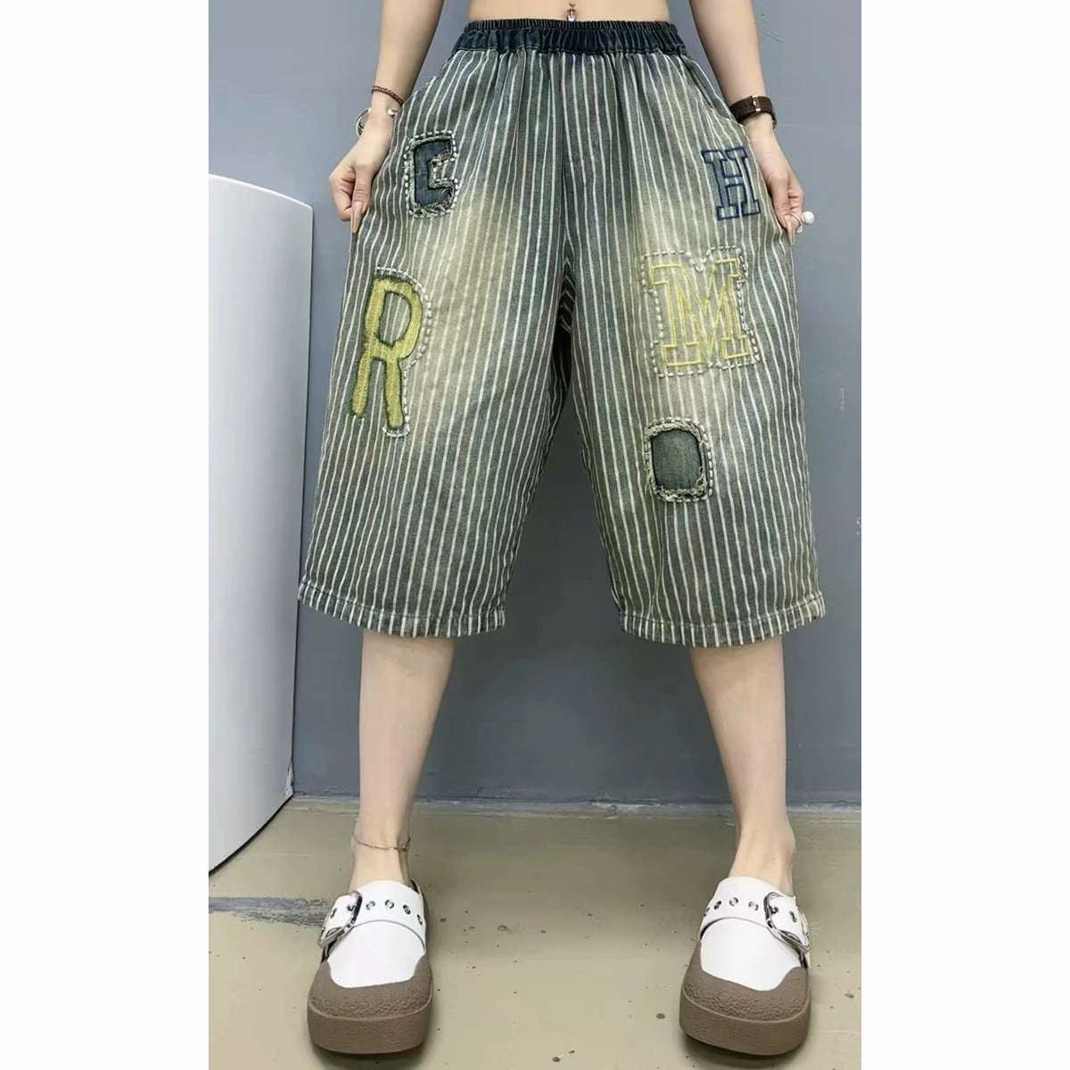 Comfortable Inside Summer Women Denim Loose Striped Patchwork Harem Shorts
