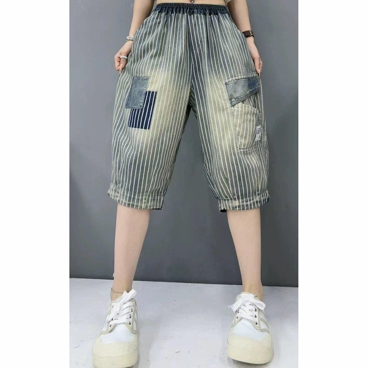 Buttery Feel Smooth Texture Summer Women Denim Loose Striped Patchwork Harem Shorts
