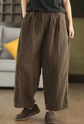 quick absorbing Soft Touch Solid Color Washed Linen Vintage Loose Elastic Waist Pants