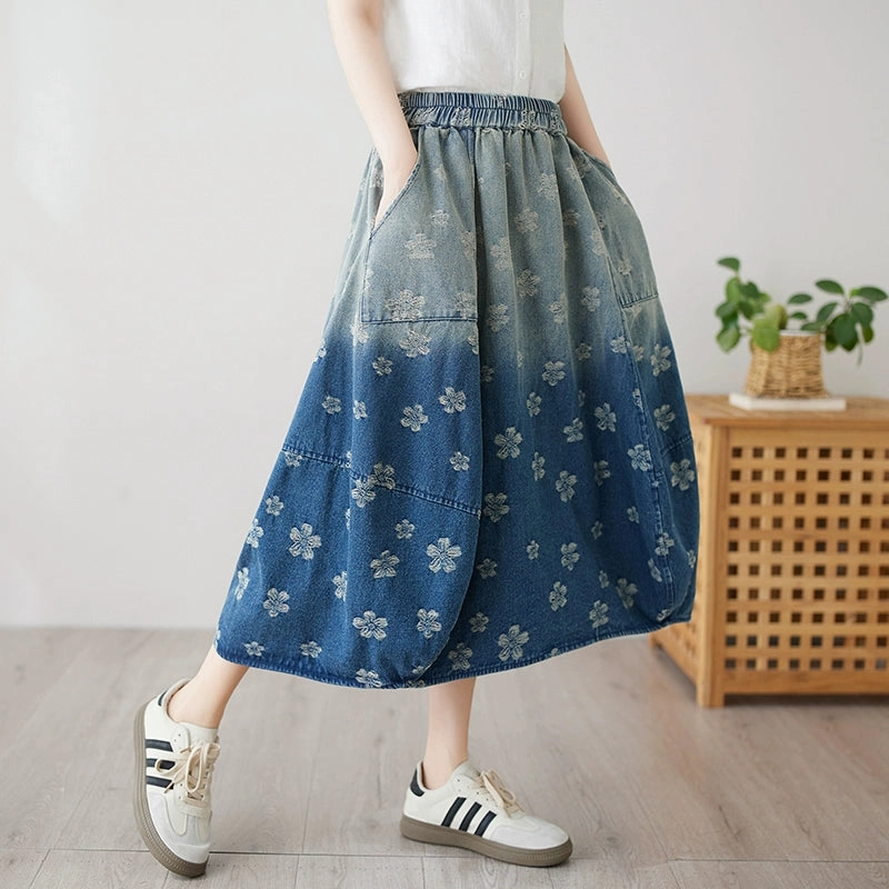 No Bleeding Ladies Retro Distressed Gradient Jacquard A-Line Denim Skirt