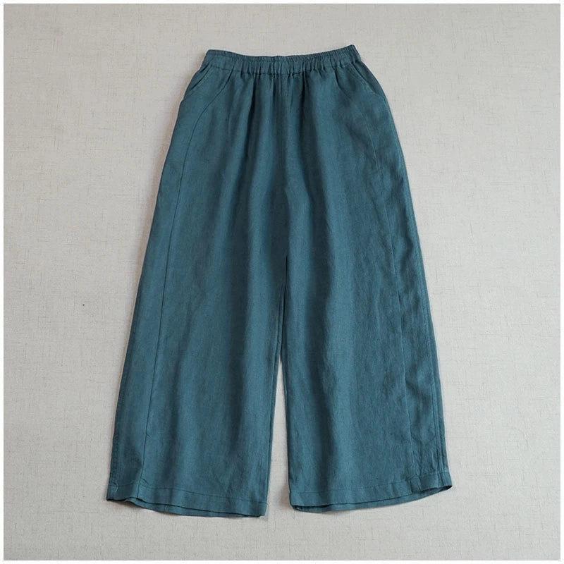 Satin feel Sweat Absorbing Women Summer Retro Linen Solid Color Loose Cropped Pants