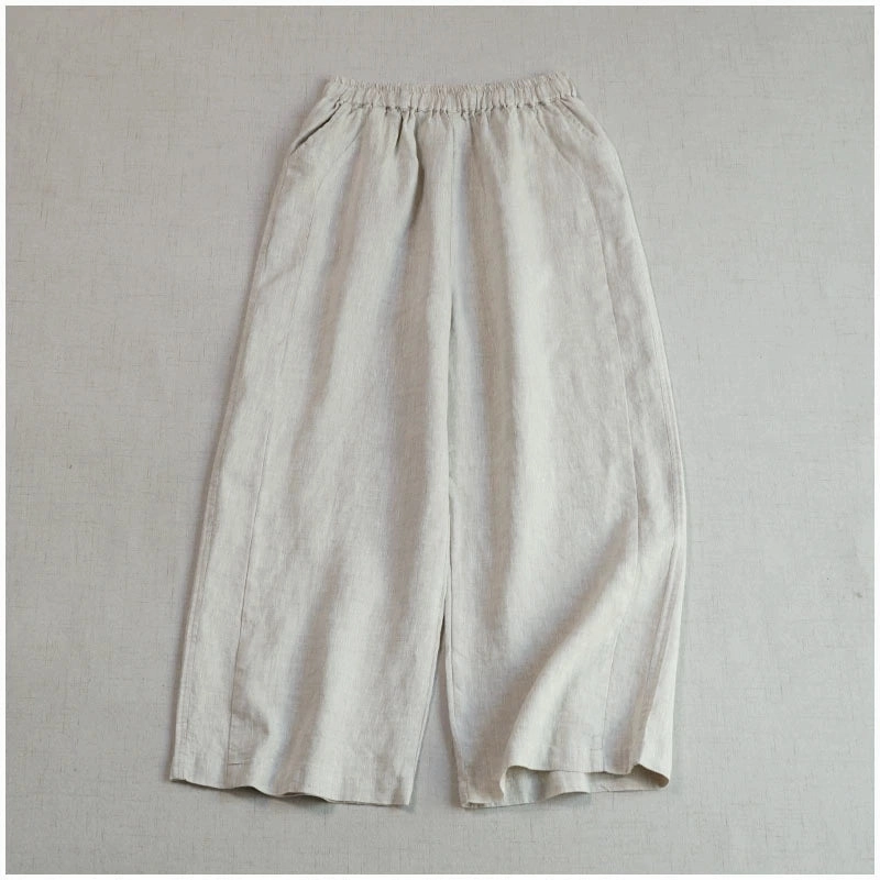 Adaptable Fabric Breathable fabric Women Summer Retro Linen Solid Color Loose Cropped Pants
