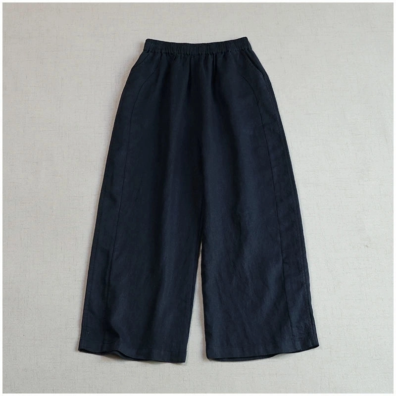 Clean Fabric Women Summer Retro Linen Solid Color Loose Cropped Pants