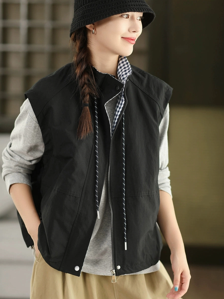 Women Casual Cool Stand Collar Sleeveless Lace-Up Plaid Jacket UltraQuietMaterial