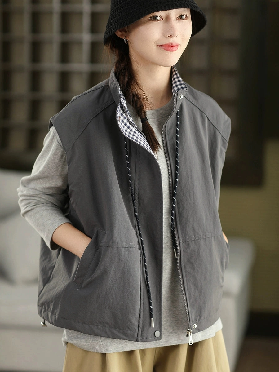 Collapsible Packable Style WindproofDesign Women Casual Cool Stand Collar Sleeveless Lace-Up Plaid Jacket