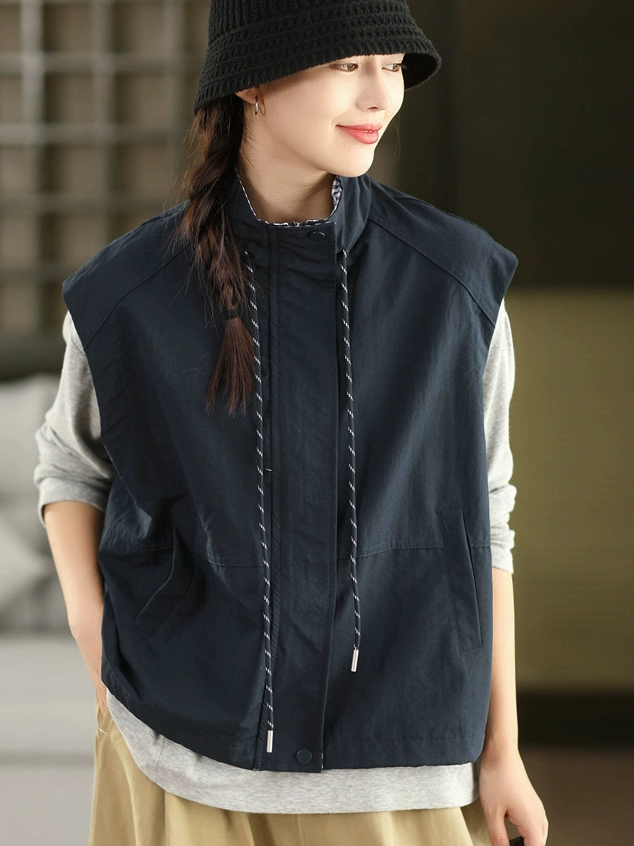 Women Casual Cool Stand Collar Sleeveless Lace-Up Plaid Jacket Magnetic Fasteners Soft Touch Lining