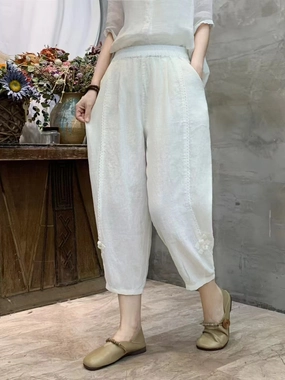 Babakud Summer Retro Linen Elastic Waist Harem Pants Pure Fabric