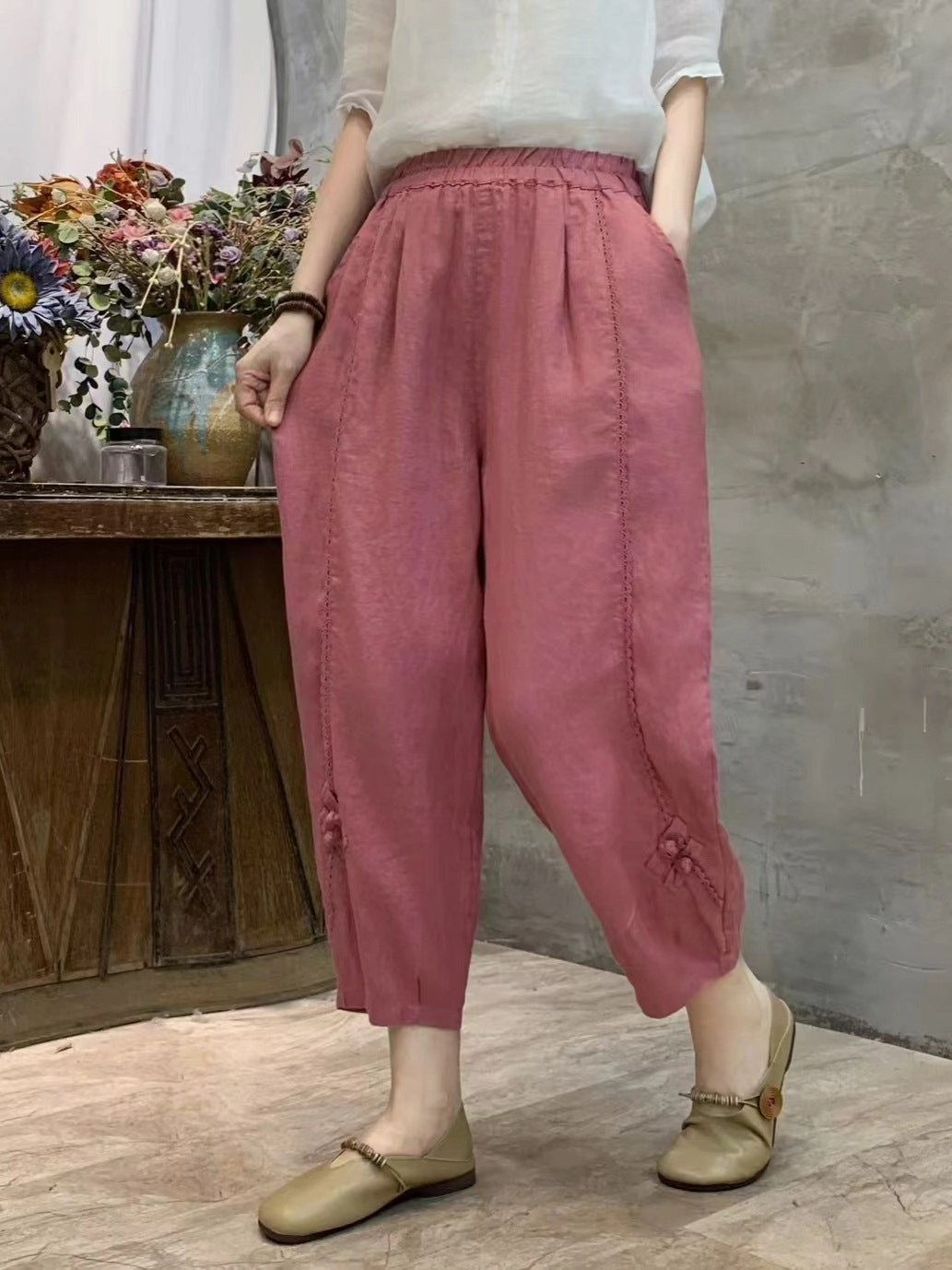 Babakud Summer Retro Linen Elastic Waist Harem Pants snag resistant Scratch Resistant