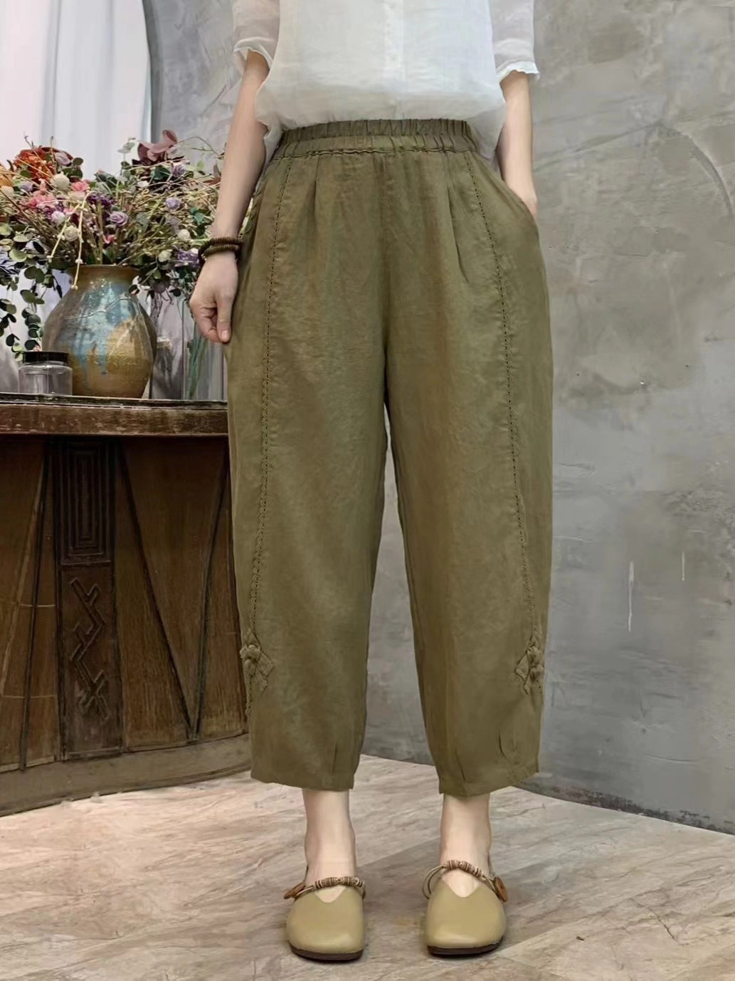 Babakud Summer Retro Linen Elastic Waist Harem Pants anti-odor
