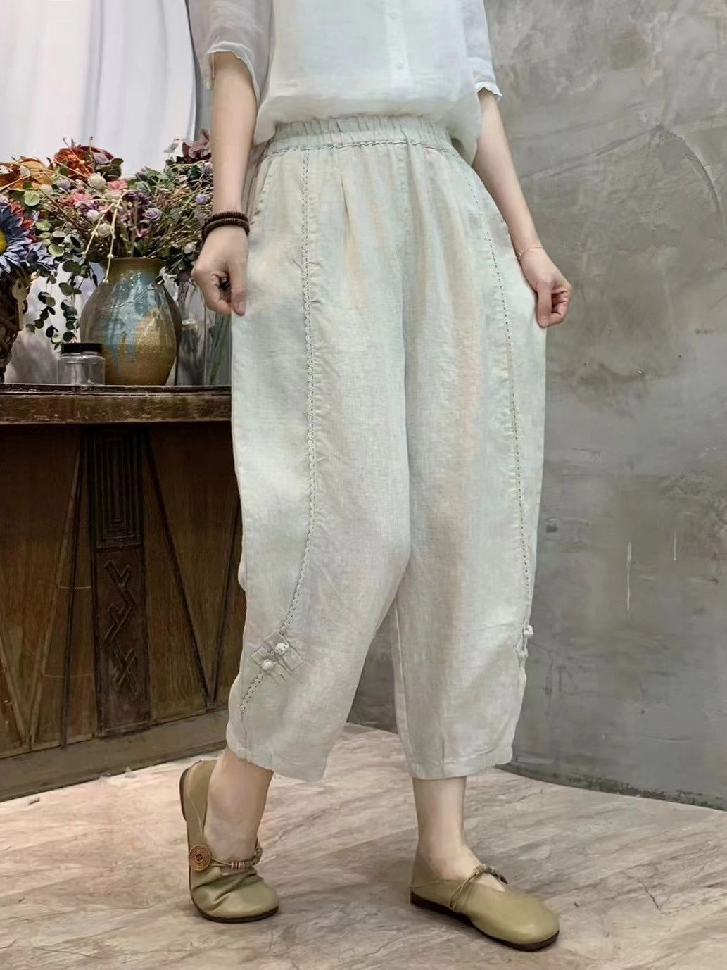 Fade Resistant Babakud Summer Retro Linen Elastic Waist Harem Pants