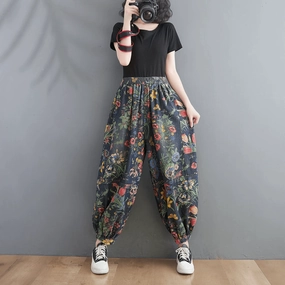 Relaxed Fit Heat Management Babakud Women Autumn Retro Blossom High-Waist Harem Pants