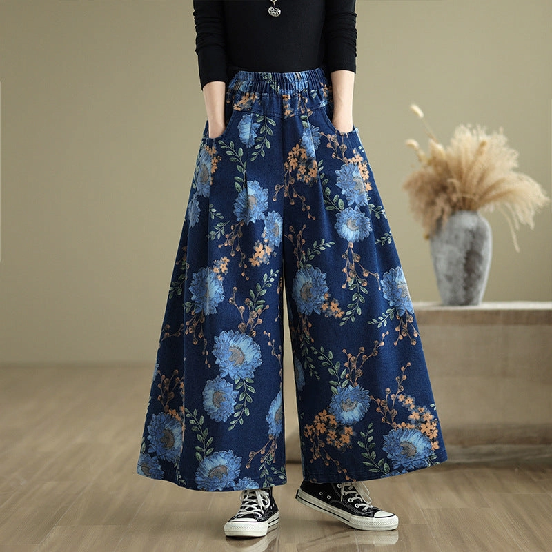 Babakud Women Spring Vintage Denim Printed Floral Wide-Leg Pants No Labels Comfortable Waist