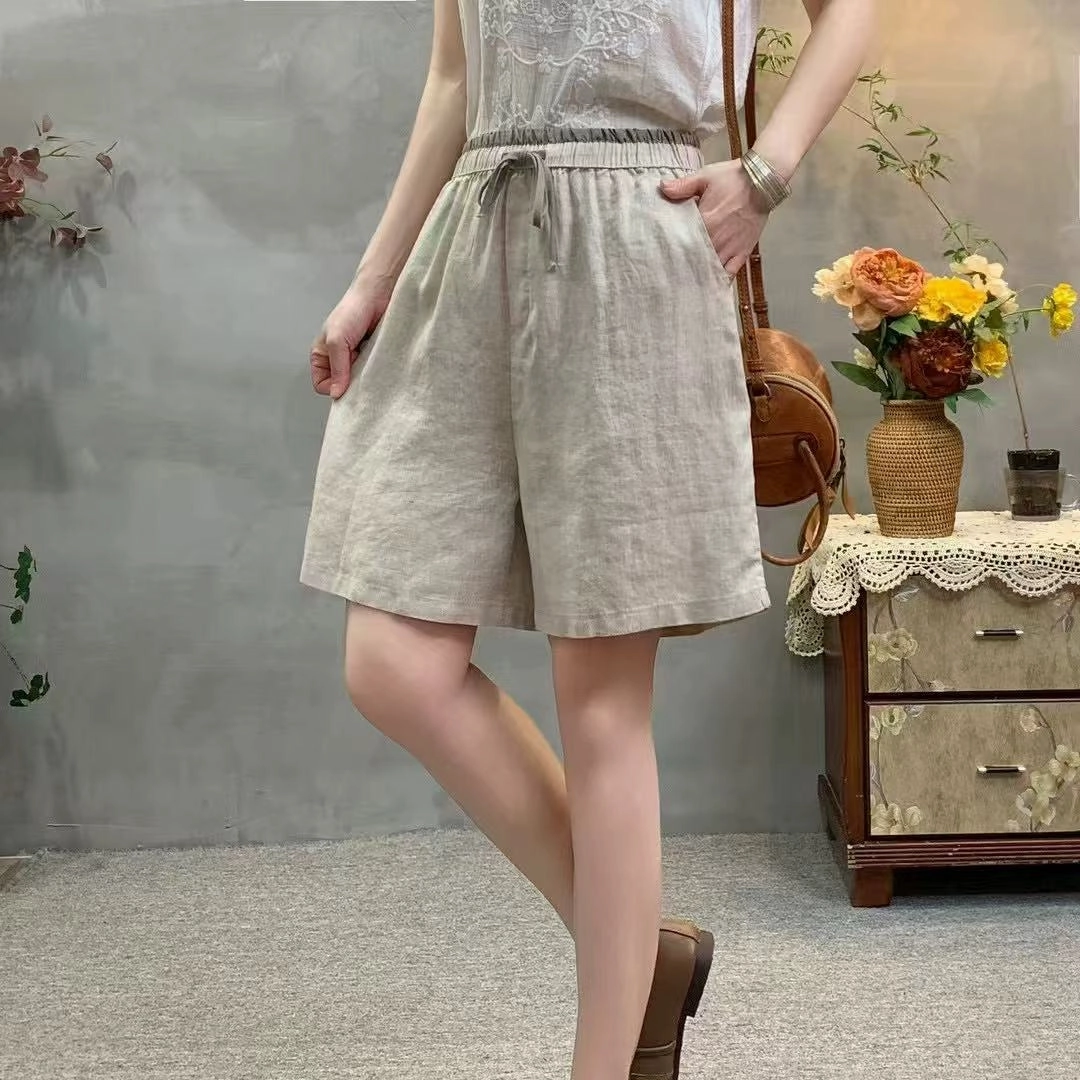 Babakud Summer Retro Linen Casual Elastic Waist Versatile Shorts Smooth Texture