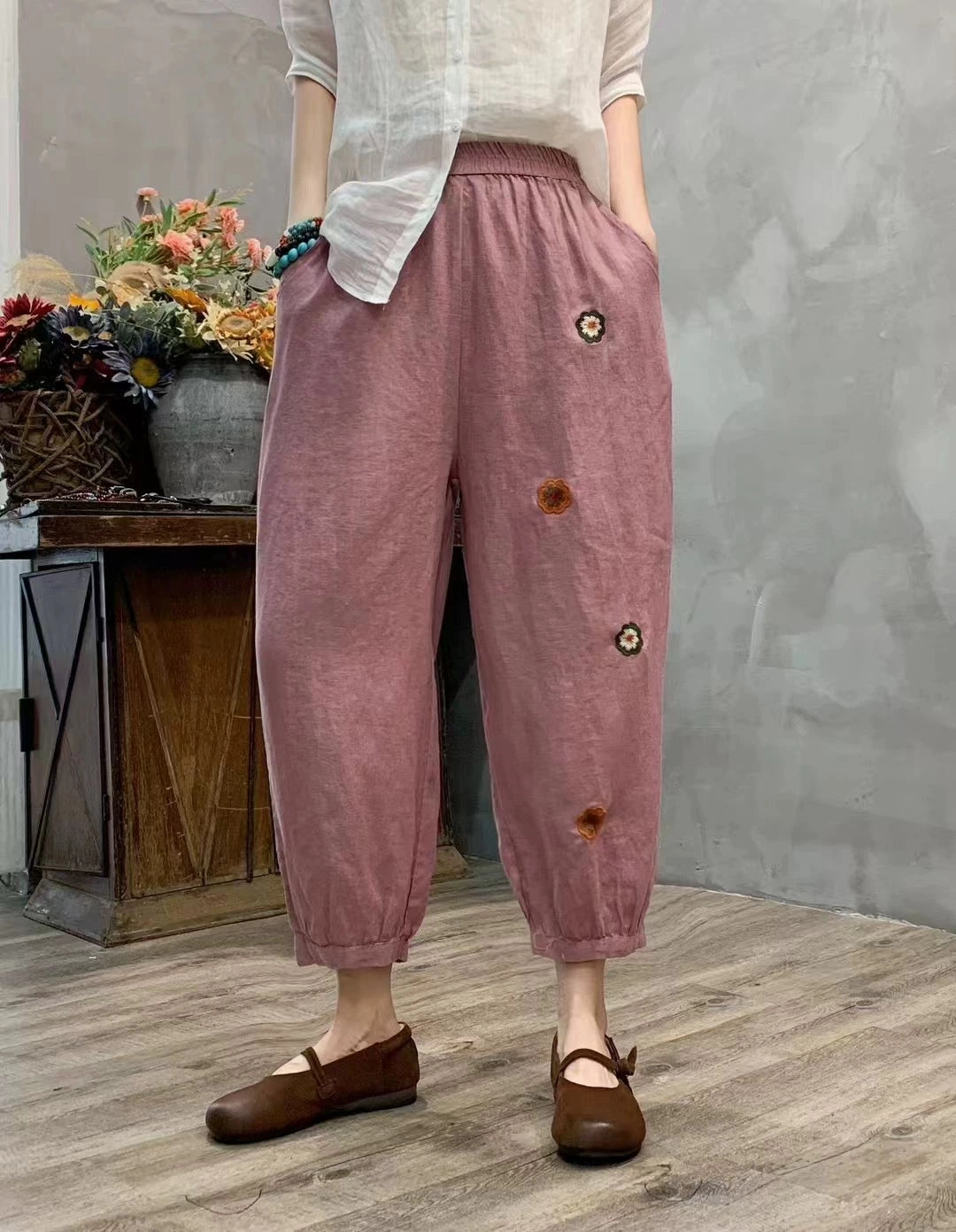Dampness Control Summer Retro Linen Embroidered Elastic Waist Harem Pants