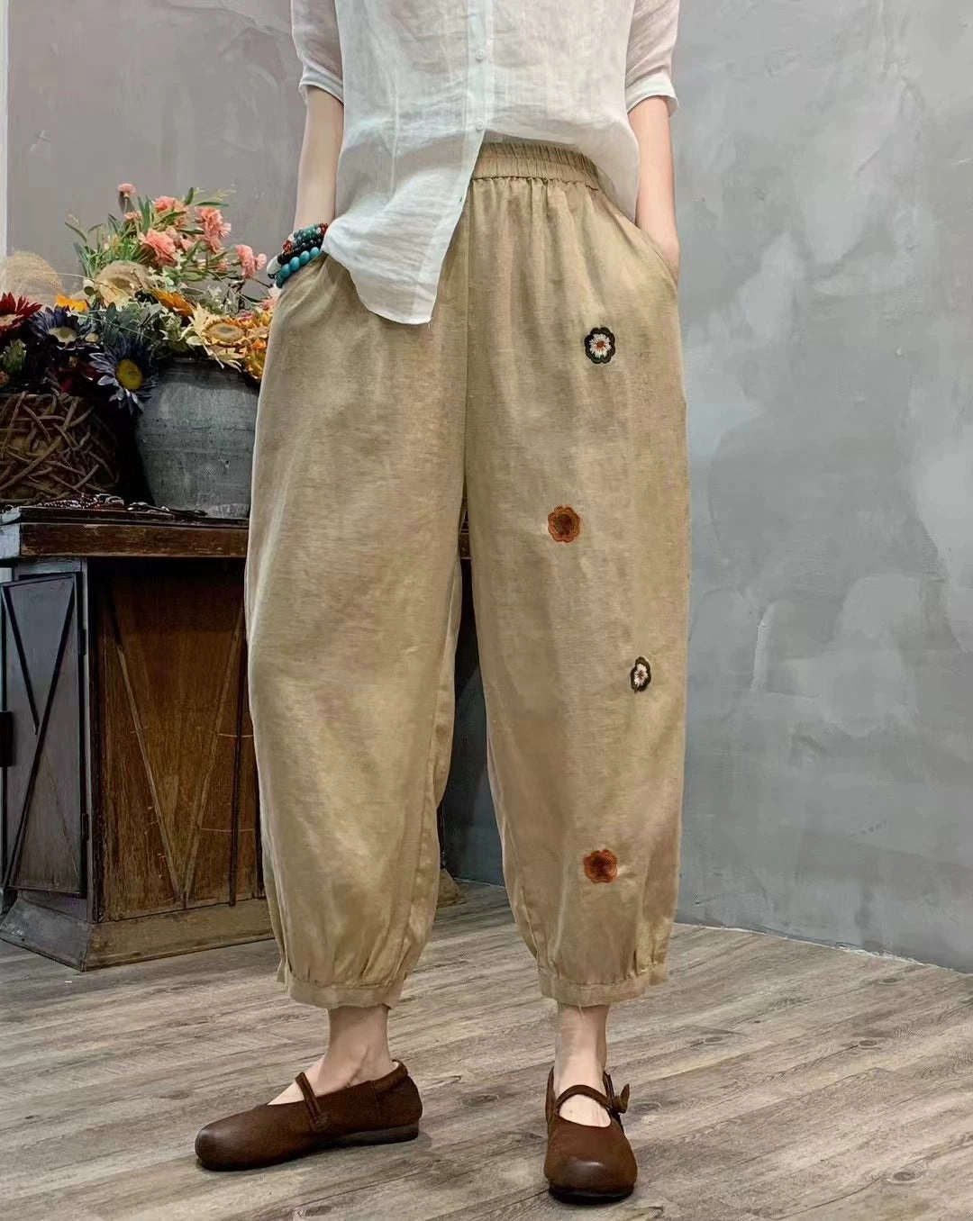 Silky feel Summer Retro Linen Embroidered Elastic Waist Harem Pants
