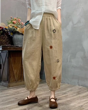 Silky feel Summer Retro Linen Embroidered Elastic Waist Harem Pants