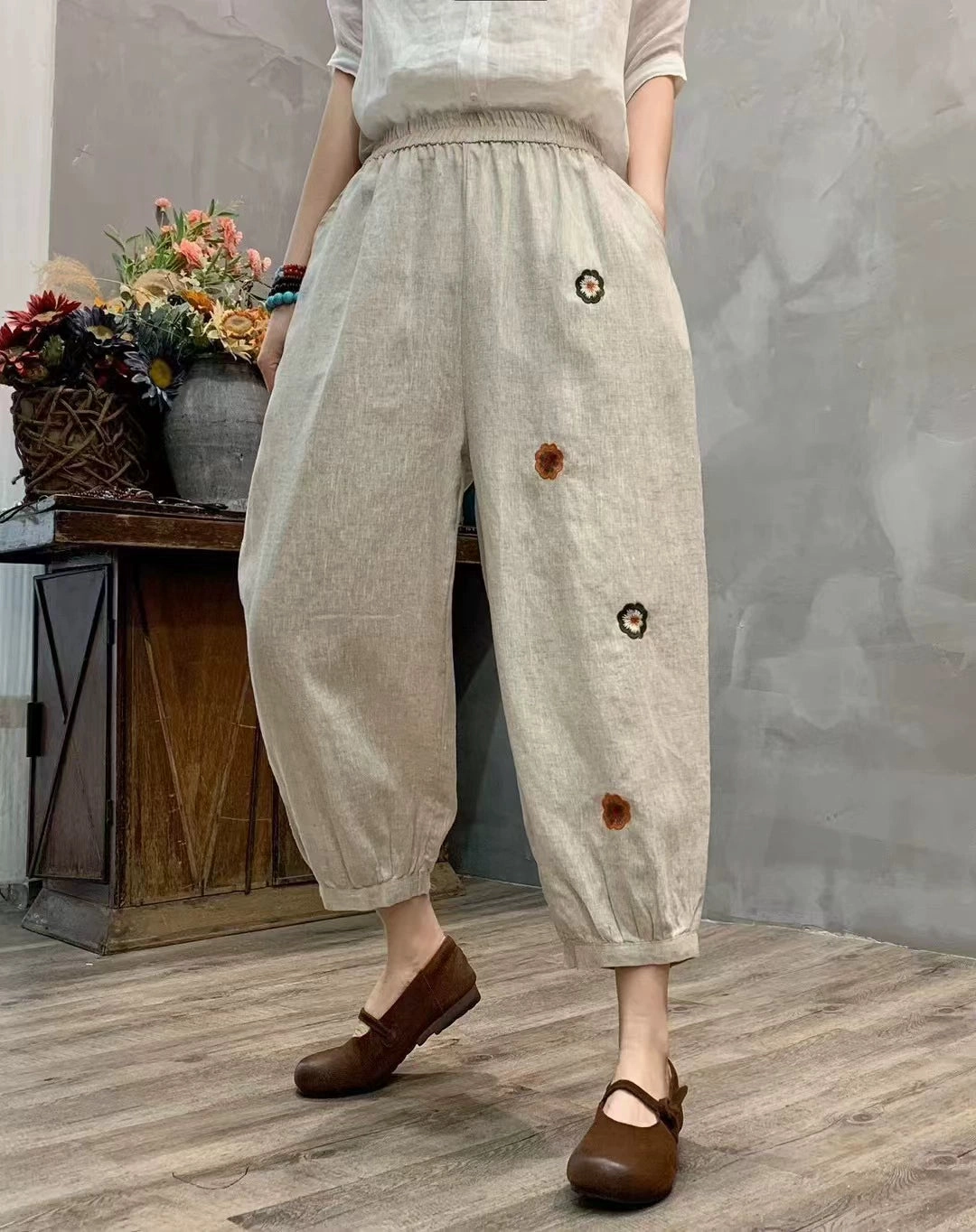 Summer Retro Linen Embroidered Elastic Waist Harem Pants Color Safe