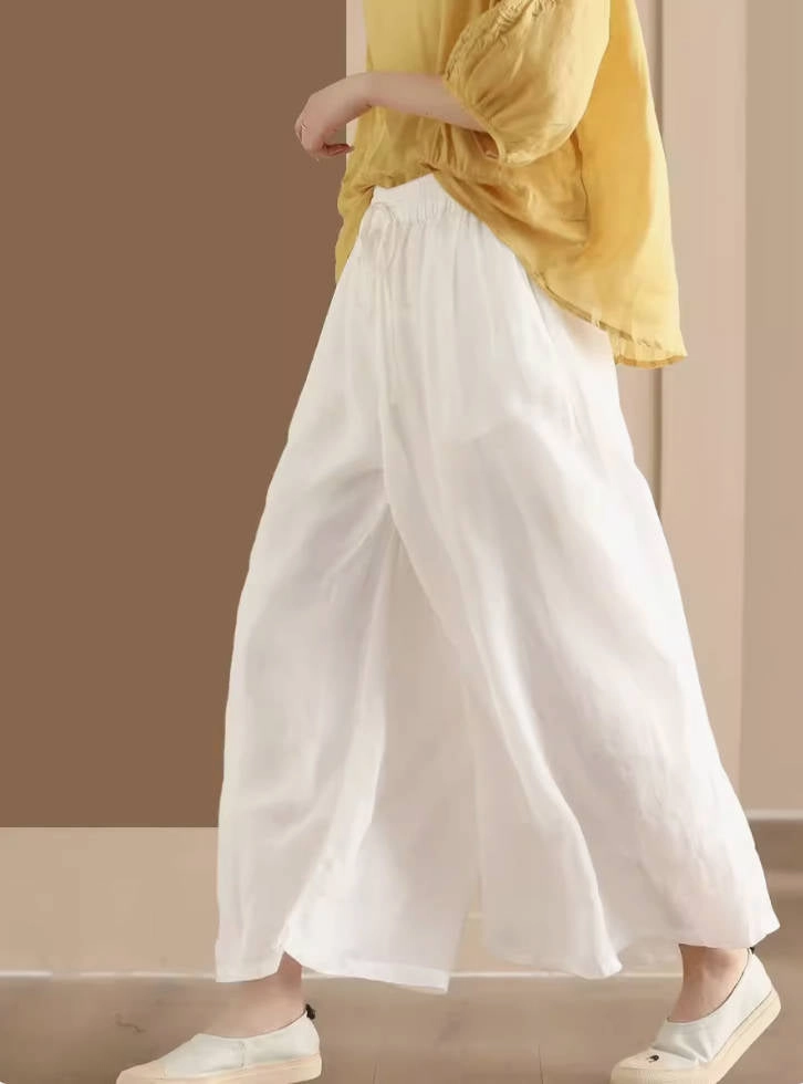 Women Retro Linen Loose Solid Color Wide Leg Lace-Up Pants Breathable Texture