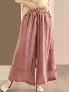 Gentle Waist Silky feel Women Retro Linen Loose Solid Color Wide Leg Lace-Up Pants