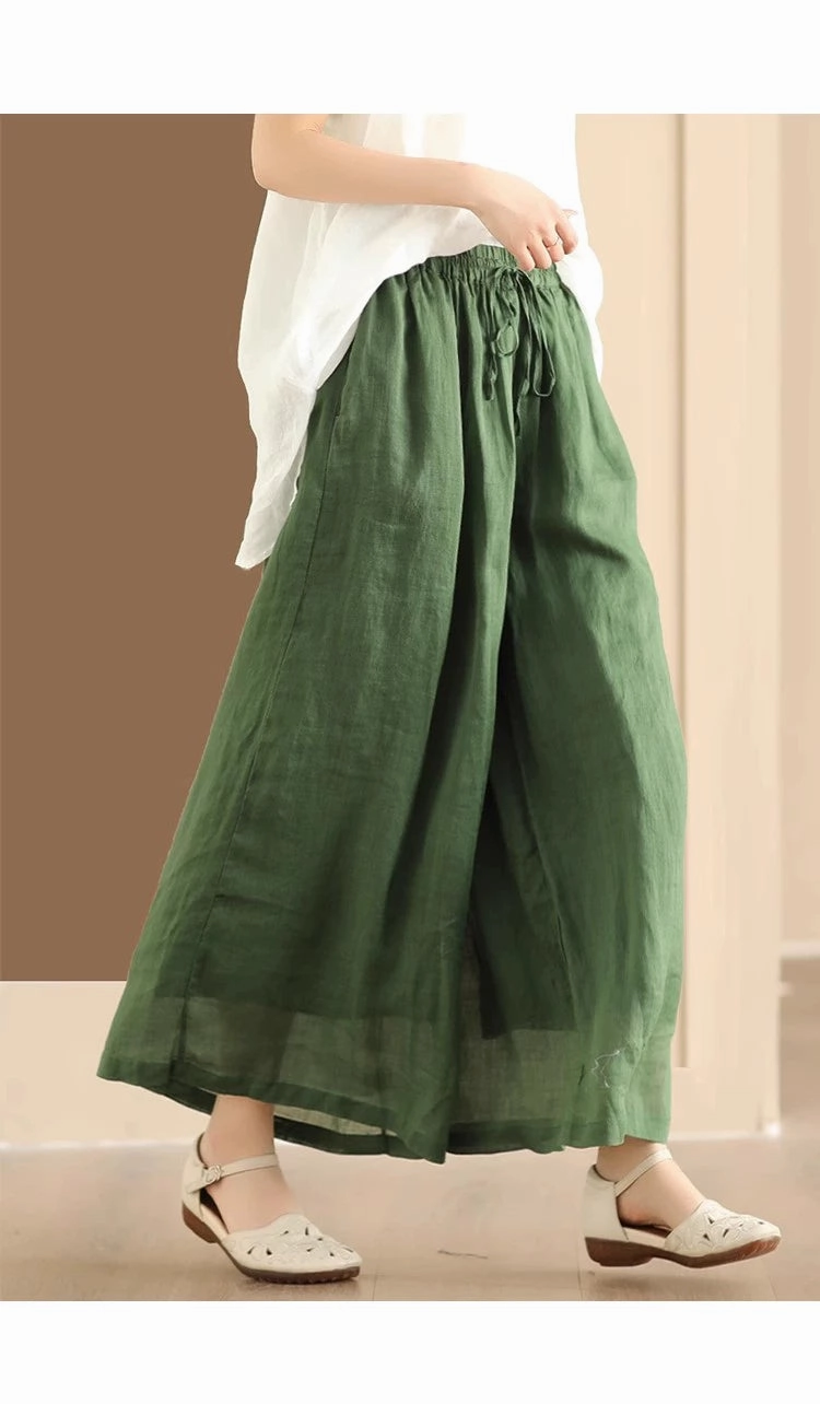 Women Retro Linen Loose Solid Color Wide Leg Lace-Up Pants Fast Drying Odor Free