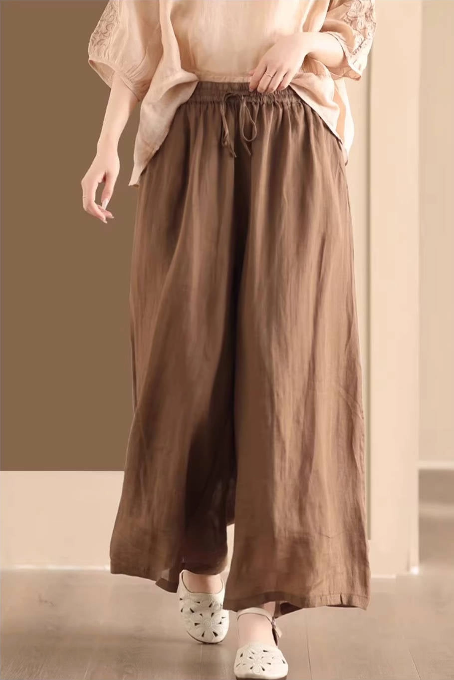 Durable Material Women Retro Linen Loose Solid Color Wide Leg Lace-Up Pants