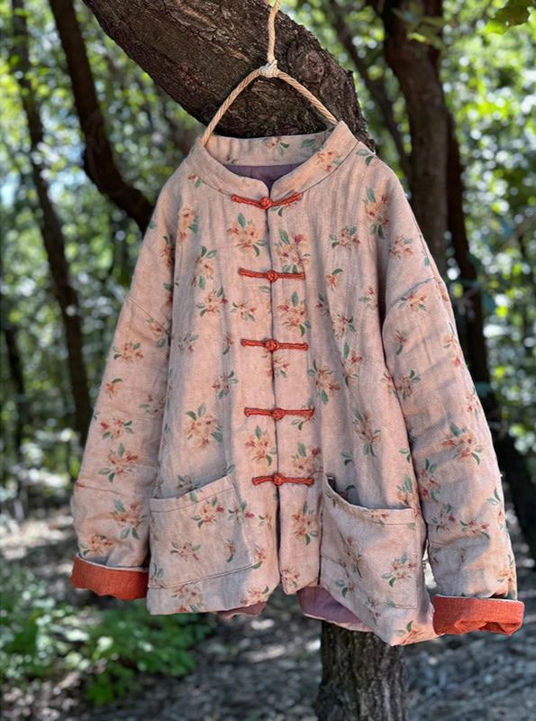 Thermal Regulation System Adjustable Cuff System Retro Traditional Hand- Sewn Buttoned Floral Cotton Coat