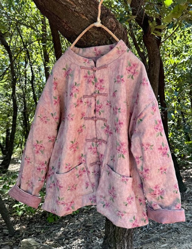 Layered Neckline Thermo Regulating Retro Traditional Hand- Sewn Buttoned Floral Cotton Coat