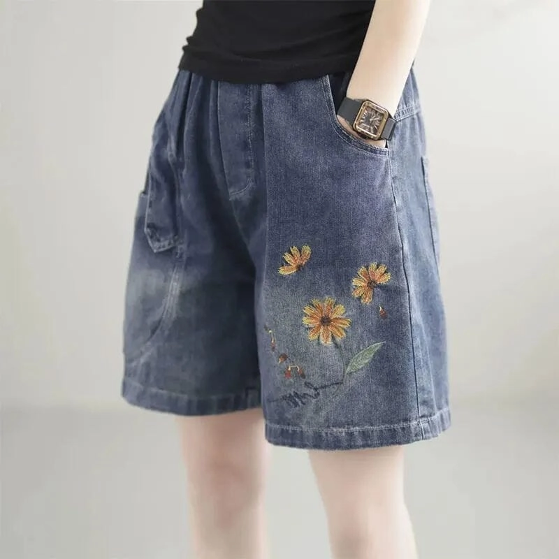 Buttery Feel Women Summer Casual Embroidery Loose Denim Shorts