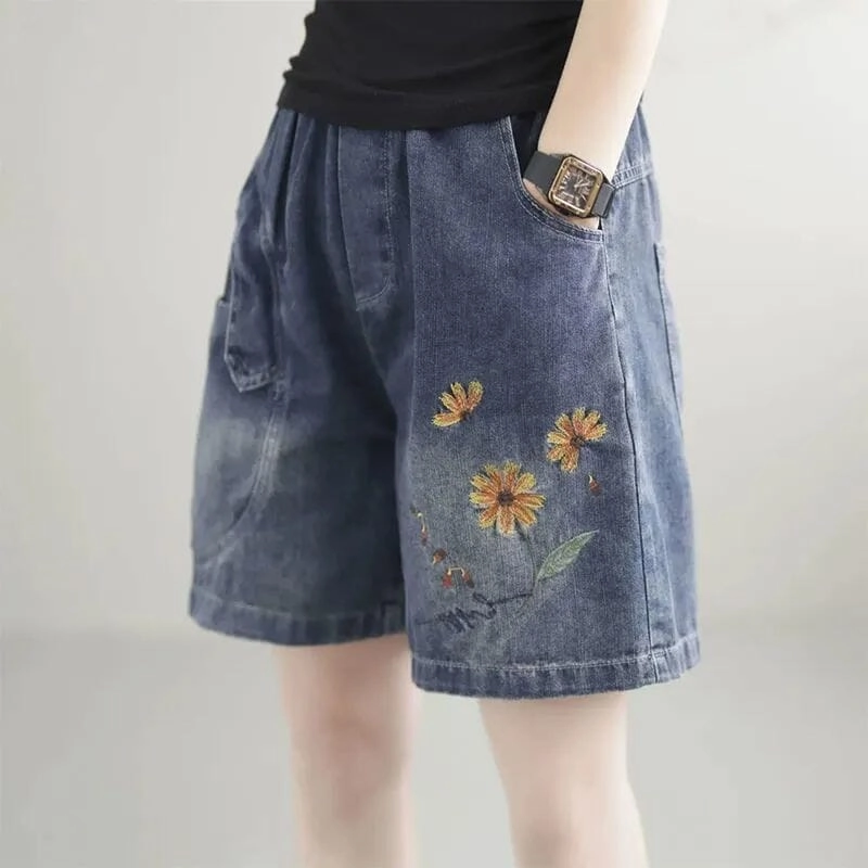 Durable Seams Women Summer Casual Embroidery Loose Denim Shorts