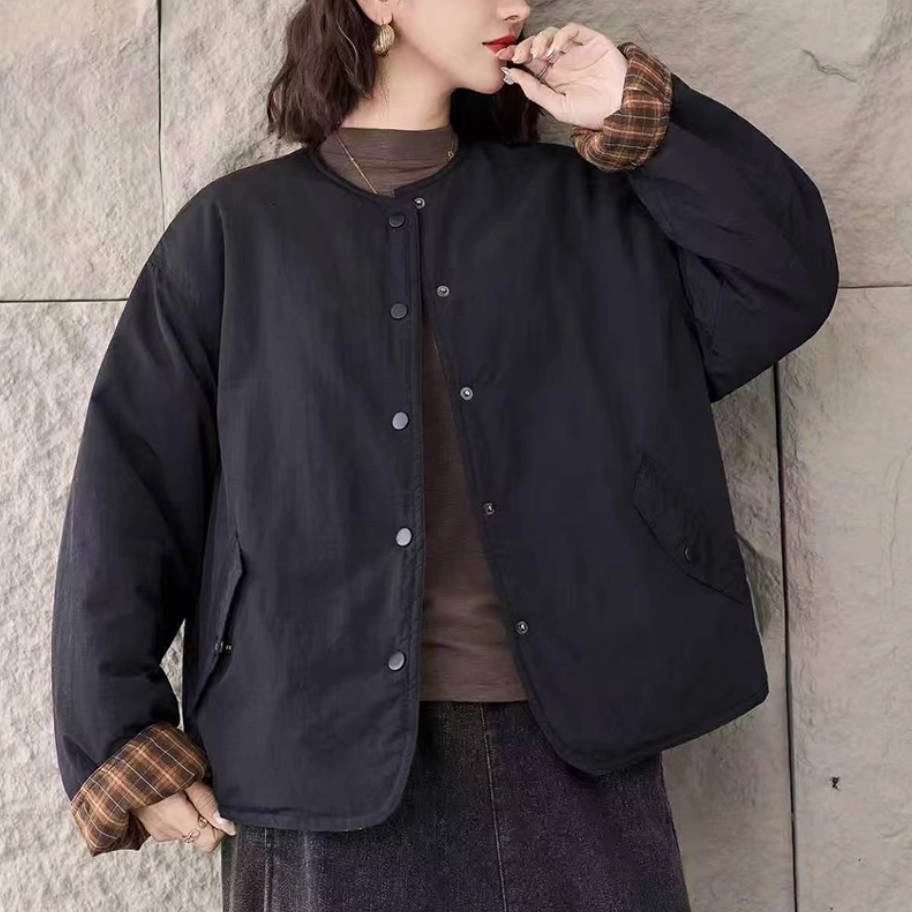 Winter Cotton Plaid Patchwork Round Neck Comfy Warm Coat mesh ventilation Double Stitch Seams