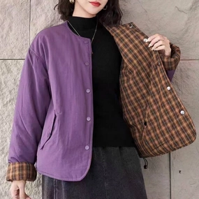 Winter Cotton Plaid Patchwork Round Neck Comfy Warm Coat Green Material