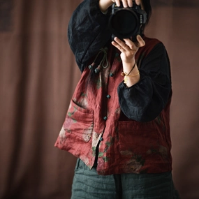 Fire Retardant Treated Fabric Women Retro Floral Linen Single-Breasted Vest