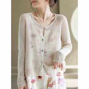 Women Autumn Linen Woven Round Neck Cardigans Daily Commute Wear Ultra Flexible