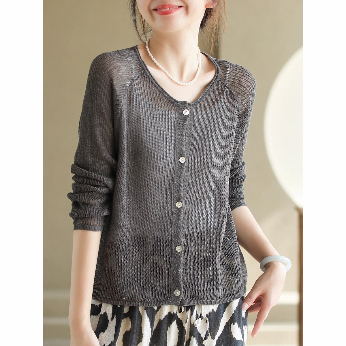 Women Autumn Linen Woven Round Neck Cardigans Adjustable Cuff System