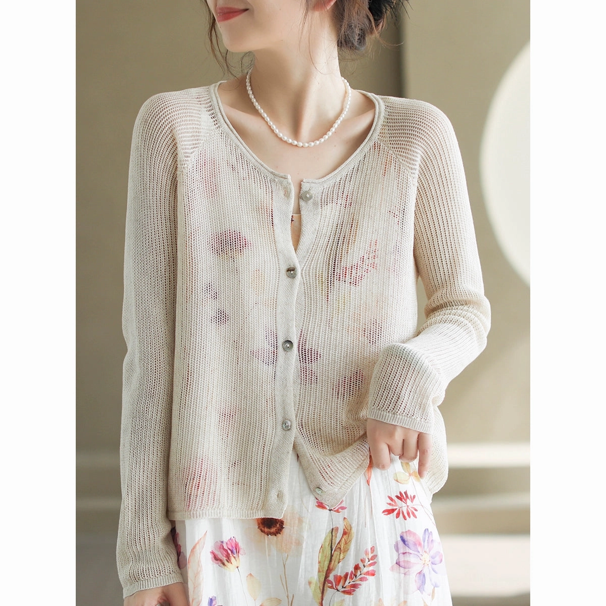 Women Autumn Linen Woven Round Neck Cardigans Daily Commute Wear Ultra Flexible