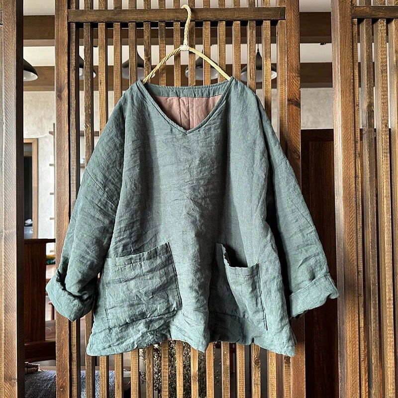 Women Minimalist Retro Linen Quilted Loose Coat Hidden Ventilation