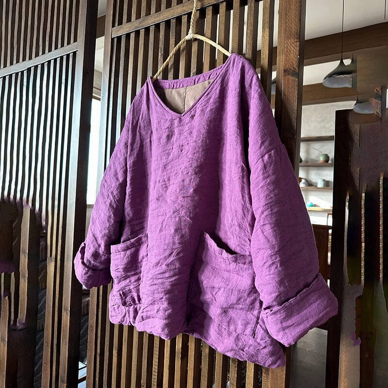 Women Minimalist Retro Linen Quilted Loose Coat Ergonomic Mobility Cut Sustainable Packaging