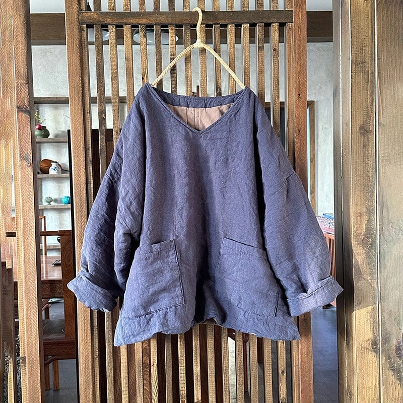 FullCoverageHood Elastic Cuff Adjustment Women Minimalist Retro Linen Quilted Loose Coat