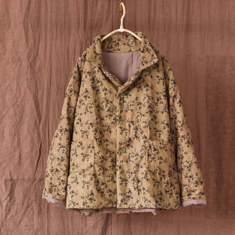 Women Retro Cotton Padded Loose Floral Coat All Weather Protection