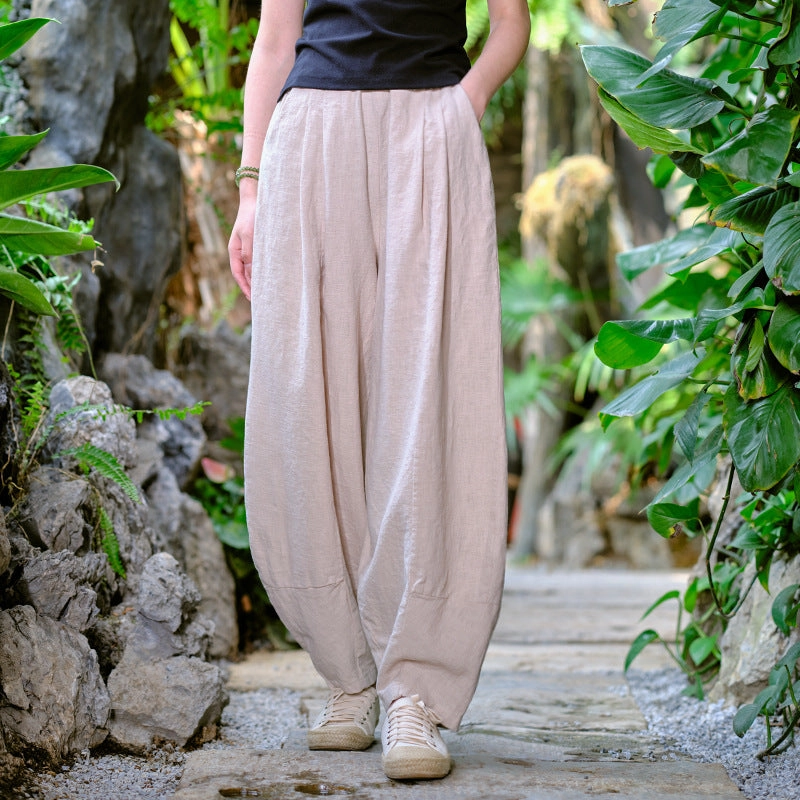 Smooth Lining Solid Color Loose Linen Harem Pants for Women