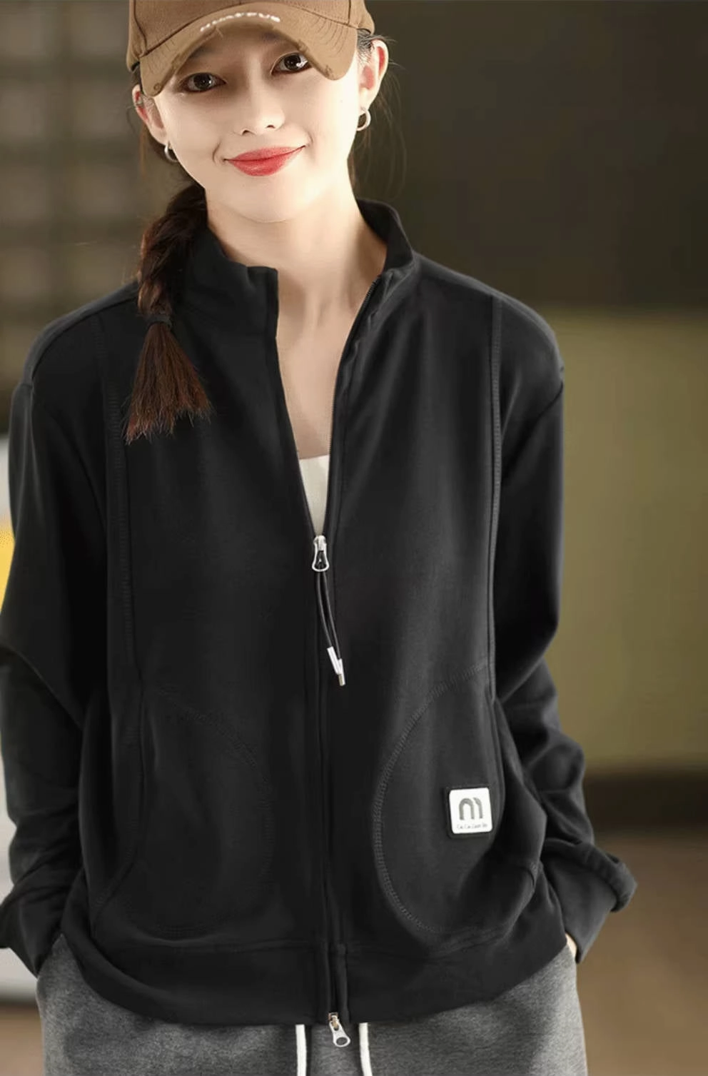 Fleece Backing Sport Fashion Warm Stand Collar Zipper Solid Color Jacket