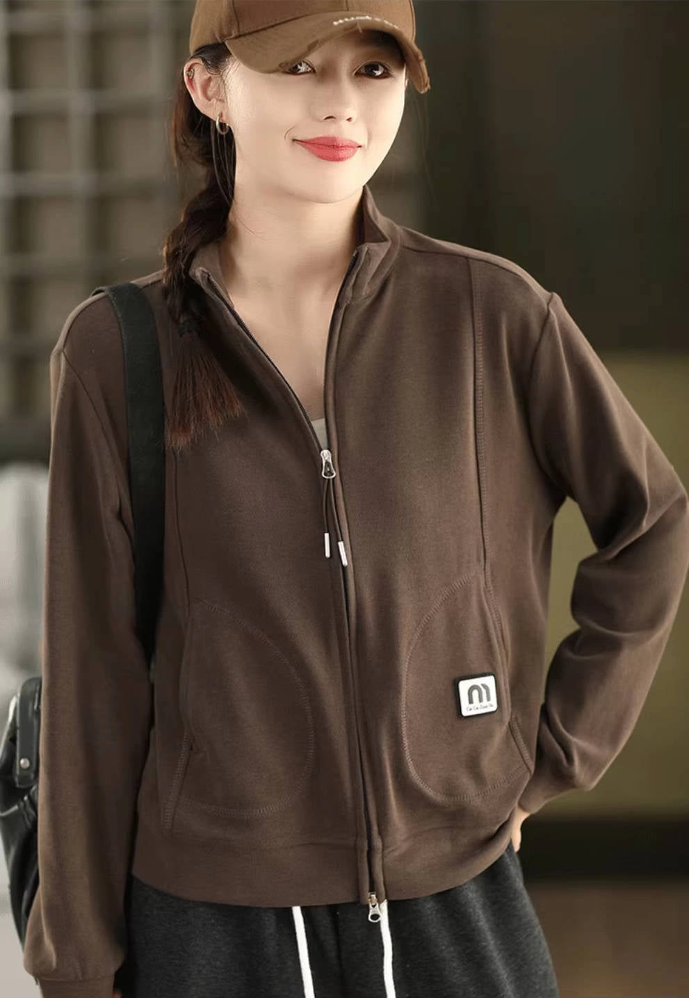 Sport Fashion Warm Stand Collar Zipper Solid Color Jacket Embellished Trim Flexible Fiber Fill