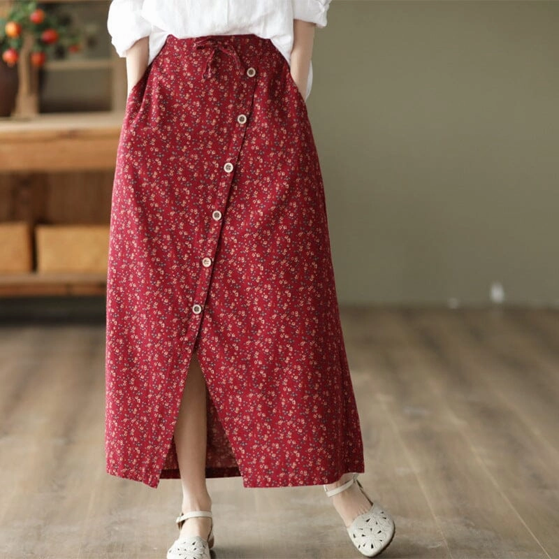 Freedom Move Spring Autumn Retro Floral Split Cotton Skirt